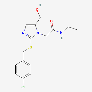 molecular formula C15H18ClN3O2S B2650730 2-(2-((4-chlorobenzyl)thio)-5-(hydroxymethyl)-1H-imidazol-1-yl)-N-ethylacetamide CAS No. 923194-96-1