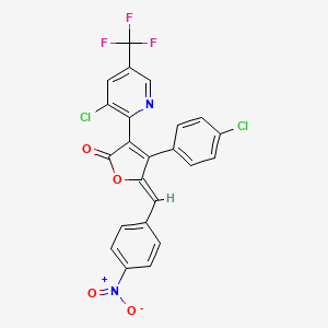 molecular formula C23H11Cl2F3N2O4 B2650732 (5Z)-4-(4-chlorophenyl)-3-[3-chloro-5-(trifluoromethyl)pyridin-2-yl]-5-[(4-nitrophenyl)methylidene]furan-2-one CAS No. 338396-72-8