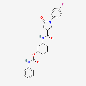 molecular formula C24H26FN3O4 B2650758 3-(1-(4-氟苯基)-5-氧代吡咯烷-3-甲酰胺)环己基苯甲氨酸酯 CAS No. 1351609-97-6