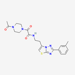 molecular formula C21H24N6O3S B2650831 2-(4-acetylpiperazin-1-yl)-2-oxo-N-(2-(2-(m-tolyl)thiazolo[3,2-b][1,2,4]triazol-6-yl)ethyl)acetamide CAS No. 894040-66-5
