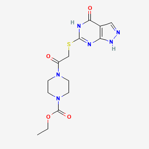 molecular formula C14H18N6O4S B2650857 ethyl 4-(2-((4-oxo-4,5-dihydro-1H-pyrazolo[3,4-d]pyrimidin-6-yl)thio)acetyl)piperazine-1-carboxylate CAS No. 878066-24-1