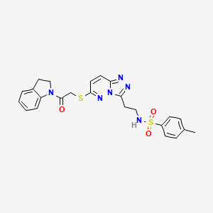 molecular formula C24H24N6O3S2 B2651023 N-(2-(6-((2-(indolin-1-yl)-2-oxoethyl)thio)-[1,2,4]triazolo[4,3-b]pyridazin-3-yl)ethyl)-4-methylbenzenesulfonamide CAS No. 872997-63-2