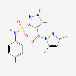 molecular formula C16H16FN5O3S B2651290 4-[(3,5-dimethyl-1H-pyrazol-1-yl)carbonyl]-N-(4-fluorophenyl)-5-methyl-1H-pyrazole-3-sulfonamide CAS No. 1299471-93-4