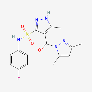 molecular formula C16H16FN5O3S B2651290 4-[(3,5-二甲基-1H-吡唑-1-基)羰基]-N-(4-氟苯基)-5-甲基-1H-吡唑-3-磺酰胺 CAS No. 1299471-93-4