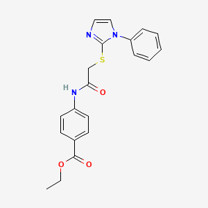 molecular formula C20H19N3O3S B2651296 苯甲酸乙酯4-(2-((1-苯基-1H-咪唑-2-基)硫代)乙酰氨基) CAS No. 688335-22-0