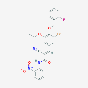 molecular formula C25H19BrFN3O5 B2651310 (E)-3-[3-bromo-5-ethoxy-4-[(2-fluorophenyl)methoxy]phenyl]-2-cyano-N-(2-nitrophenyl)prop-2-enamide CAS No. 930019-40-2