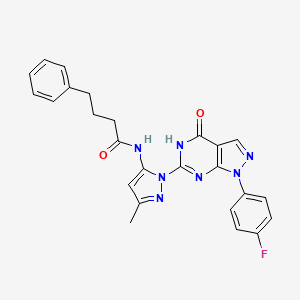 molecular formula C25H22FN7O2 B2651346 N-(1-(1-(4-fluorophenyl)-4-oxo-4,5-dihydro-1H-pyrazolo[3,4-d]pyrimidin-6-yl)-3-methyl-1H-pyrazol-5-yl)-4-phenylbutanamide CAS No. 1020488-87-2
