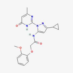 molecular formula C20H21N5O4 B2651349 N-(3-cyclopropyl-1-(4-methyl-6-oxo-1,6-dihydropyrimidin-2-yl)-1H-pyrazol-5-yl)-2-(2-methoxyphenoxy)acetamide CAS No. 1206996-41-9