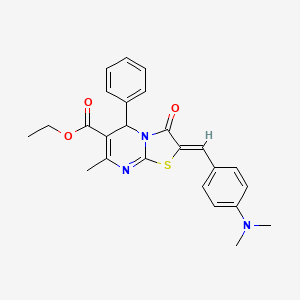 molecular formula C25H25N3O3S B2651379 (Z)-ethyl 2-(4-(dimethylamino)benzylidene)-7-methyl-3-oxo-5-phenyl-3,5-dihydro-2H-thiazolo[3,2-a]pyrimidine-6-carboxylate CAS No. 321689-40-1