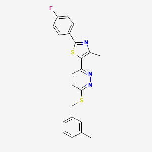 molecular formula C22H18FN3S2 B2651380 2-(4-Fluorophenyl)-4-methyl-5-(6-((3-methylbenzyl)thio)pyridazin-3-yl)thiazole CAS No. 923123-66-4