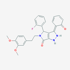 (3Z)-5-[2-(3,4-dimethoxyphenyl)ethyl]-4-(2-fluorophenyl)-3-(6-oxocyclohexa-2,4-dien-1-ylidene)-2,4-dihydro-1H-pyrrolo[3,4-c]pyrazol-6-one