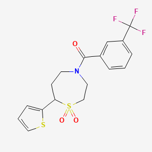 molecular formula C17H16F3NO3S2 B2651473 (1,1-Dioxido-7-(thiophen-2-yl)-1,4-thiazepan-4-yl)(3-(trifluoromethyl)phenyl)methanone CAS No. 2034459-90-8