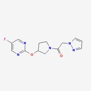 molecular formula C13H14FN5O2 B2651564 1-(3-((5-fluoropyrimidin-2-yl)oxy)pyrrolidin-1-yl)-2-(1H-pyrazol-1-yl)ethanone CAS No. 2034296-24-5