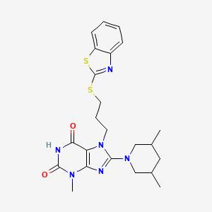 molecular formula C23H28N6O2S2 B2651625 7-(3-(benzo[d]thiazol-2-ylthio)propyl)-8-(3,5-dimethylpiperidin-1-yl)-3-methyl-1H-purine-2,6(3H,7H)-dione CAS No. 872627-73-1