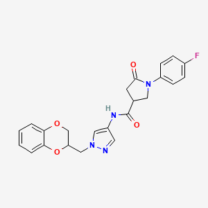 molecular formula C23H21FN4O4 B2651658 N-(1-((2,3-dihydrobenzo[b][1,4]dioxin-2-yl)methyl)-1H-pyrazol-4-yl)-1-(4-fluorophenyl)-5-oxopyrrolidine-3-carboxamide CAS No. 1797182-51-4