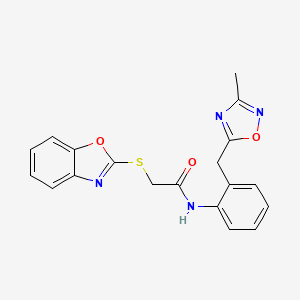 molecular formula C19H16N4O3S B2651669 2-(苯并[d]恶唑-2-基硫代)-N-(2-((3-甲基-1,2,4-恶二唑-5-基)甲基)苯基)乙酰胺 CAS No. 1448126-27-9