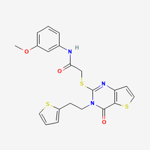 molecular formula C21H19N3O3S3 B2651684 N-(3-甲氧基苯基)-2-({4-氧代-3-[2-(噻吩-2-基)乙基]-3,4-二氢噻吩并[3,2-d]嘧啶-2-基}硫代)乙酰胺 CAS No. 1260931-65-4