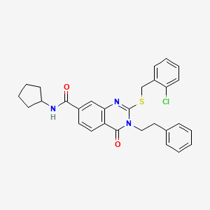 molecular formula C29H28ClN3O2S B2651694 2-((2-chlorobenzyl)thio)-N-cyclopentyl-4-oxo-3-phenethyl-3,4-dihydroquinazoline-7-carboxamide CAS No. 1115313-83-1