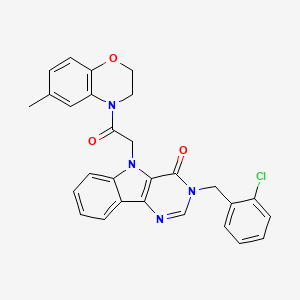 molecular formula C28H23ClN4O3 B2651935 3-(2-chlorobenzyl)-5-(2-(6-methyl-2H-benzo[b][1,4]oxazin-4(3H)-yl)-2-oxoethyl)-3H-pyrimido[5,4-b]indol-4(5H)-one CAS No. 1190009-86-9