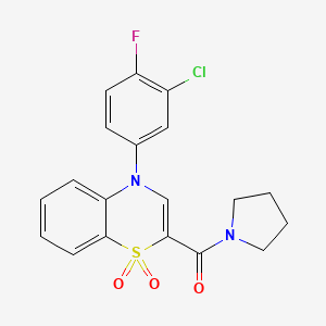 molecular formula C19H16ClFN2O3S B2651984 (4-(3-chloro-4-fluorophenyl)-1,1-dioxido-4H-benzo[b][1,4]thiazin-2-yl)(pyrrolidin-1-yl)methanone CAS No. 1251669-88-1