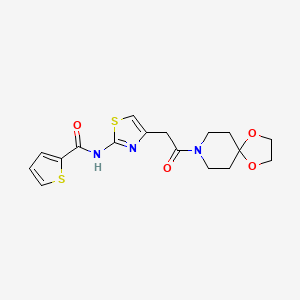 molecular formula C17H19N3O4S2 B2652078 N-(4-(2-oxo-2-(1,4-dioxa-8-azaspiro[4.5]decan-8-yl)ethyl)thiazol-2-yl)thiophene-2-carboxamide CAS No. 921567-38-6