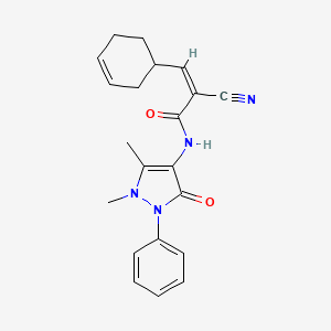 molecular formula C21H22N4O2 B2652082 (Z)-2-Cyano-3-cyclohex-3-en-1-yl-N-(1,5-dimethyl-3-oxo-2-phenylpyrazol-4-yl)prop-2-enamide CAS No. 518349-64-9