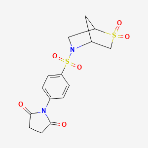 molecular formula C15H16N2O6S2 B2652211 1-(4-((2,2-Dioxido-2-thia-5-azabicyclo[2.2.1]heptan-5-yl)sulfonyl)phenyl)pyrrolidine-2,5-dione CAS No. 2034611-29-3