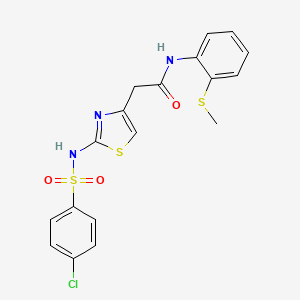 molecular formula C18H16ClN3O3S3 B2652261 2-(2-(4-氯苯磺酰胺)噻唑-4-基)-N-(2-(甲硫基)苯基)乙酰胺 CAS No. 922021-49-6