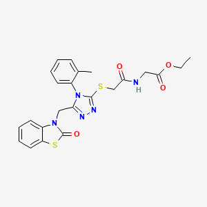 molecular formula C23H23N5O4S2 B2652268 Ethyl 2-[[2-[[4-(2-methylphenyl)-5-[(2-oxo-1,3-benzothiazol-3-yl)methyl]-1,2,4-triazol-3-yl]sulfanyl]acetyl]amino]acetate CAS No. 847402-87-3