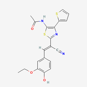 molecular formula C20H17N3O3S2 B2652323 (E)-N-(2-(1-cyano-2-(3-ethoxy-4-hydroxyphenyl)vinyl)-4-(thiophen-2-yl)thiazol-5-yl)acetamide CAS No. 780790-44-5