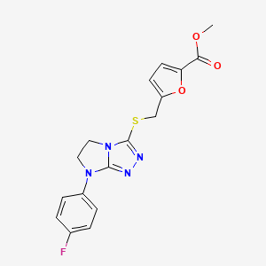 molecular formula C17H15FN4O3S B2652350 methyl 5-(((7-(4-fluorophenyl)-6,7-dihydro-5H-imidazo[2,1-c][1,2,4]triazol-3-yl)thio)methyl)furan-2-carboxylate CAS No. 921791-11-9