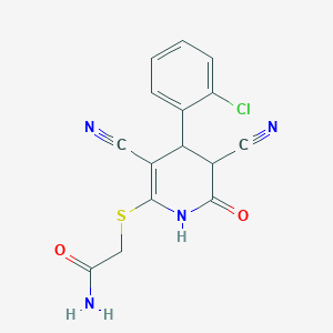 molecular formula C15H11ClN4O2S B2652369 2-((4-(2-Chlorophenyl)-3,5-dicyano-6-oxo-1,4,5,6-tetrahydropyridin-2-yl)thio)acetamide CAS No. 392321-60-7