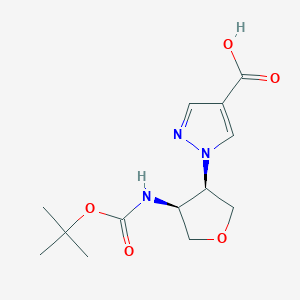 molecular formula C13H19N3O5 B2652370 1-[(3R,4S)-4-[(2-Methylpropan-2-yl)oxycarbonylamino]oxolan-3-yl]pyrazole-4-carboxylic acid CAS No. 2155840-16-5