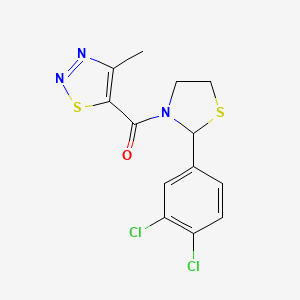 molecular formula C13H11Cl2N3OS2 B2652377 (2-(3,4-Dichlorophenyl)thiazolidin-3-yl)(4-methyl-1,2,3-thiadiazol-5-yl)methanone CAS No. 2034485-00-0