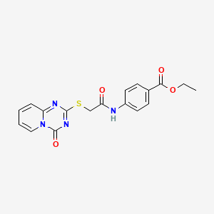 molecular formula C18H16N4O4S B2652479 4-[[2-(4-氧代吡啶并[1,2-a][1,3,5]三嗪-2-基)硫代乙酰基]氨基]苯甲酸乙酯 CAS No. 896327-94-9