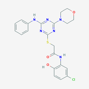 molecular formula C21H21ClN6O3S B265249 2-[(4-anilino-6-morpholin-4-yl-1,3,5-triazin-2-yl)sulfanyl]-N-(5-chloro-2-hydroxyphenyl)acetamide 