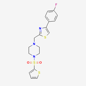 molecular formula C18H18FN3O2S3 B2652505 4-(4-Fluorophenyl)-2-((4-(thiophen-2-ylsulfonyl)piperazin-1-yl)methyl)thiazole CAS No. 1105216-33-8