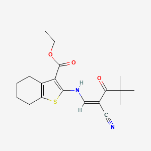 molecular formula C19H24N2O3S B2652524 2-((2-硝基-4,4-二甲基-3-氧代戊-1-烯基)氨基)-4,5,6,7-四氢苯并[b]噻吩-3-羧酸乙酯 CAS No. 1024721-16-1