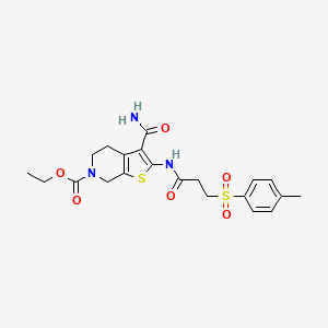 molecular formula C21H25N3O6S2 B2652545 ethyl 3-carbamoyl-2-(3-tosylpropanamido)-4,5-dihydrothieno[2,3-c]pyridine-6(7H)-carboxylate CAS No. 895449-90-8