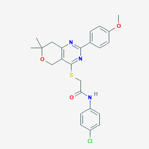 molecular formula C24H24ClN3O3S B265261 N-(4-chlorophenyl)-2-{[2-(4-methoxyphenyl)-7,7-dimethyl-7,8-dihydro-5H-pyrano[4,3-d]pyrimidin-4-yl]sulfanyl}acetamide 