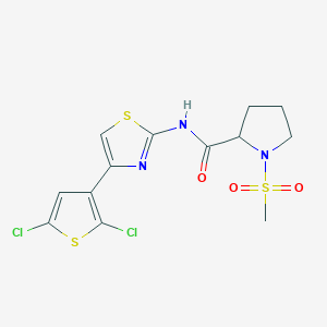 molecular formula C13H13Cl2N3O3S3 B2652627 N-(4-(2,5-dichlorothiophen-3-yl)thiazol-2-yl)-1-(methylsulfonyl)pyrrolidine-2-carboxamide CAS No. 1188363-00-9