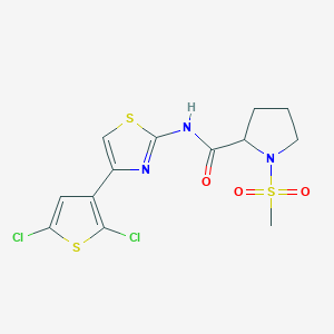 molecular formula C13H13Cl2N3O3S3 B2652627 N-(4-(2,5-二氯噻吩-3-基)噻唑-2-基)-1-(甲磺酰基)吡咯烷-2-甲酰胺 CAS No. 1188363-00-9