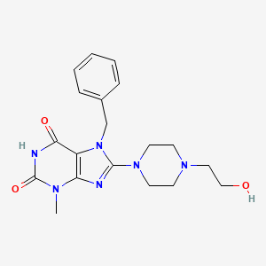 molecular formula C19H24N6O3 B2652694 7-苄基-8-(4-(2-羟乙基)哌嗪-1-基)-3-甲基-1H-嘌呤-2,6(3H,7H)-二酮 CAS No. 378199-06-5