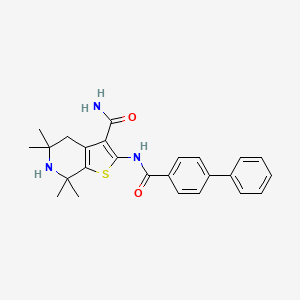 molecular formula C25H27N3O2S B2652707 5,5,7,7-四甲基-2-[(4-苯甲酰基)氨基]-4,6-二氢噻吩并[2,3-c]吡啶-3-甲酰胺 CAS No. 887898-00-2