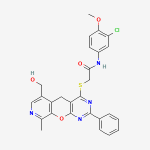 molecular formula C27H23ClN4O4S B2652842 N-(3-chloro-4-methoxyphenyl)-2-((6-(hydroxymethyl)-9-methyl-2-phenyl-5H-pyrido[4',3':5,6]pyrano[2,3-d]pyrimidin-4-yl)thio)acetamide CAS No. 892386-70-8