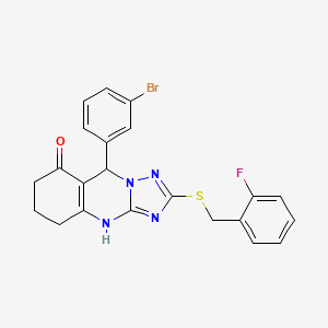 molecular formula C22H18BrFN4OS B2652929 9-(3-bromophenyl)-2-((2-fluorobenzyl)thio)-5,6,7,9-tetrahydro-[1,2,4]triazolo[5,1-b]quinazolin-8(4H)-one CAS No. 536981-88-1