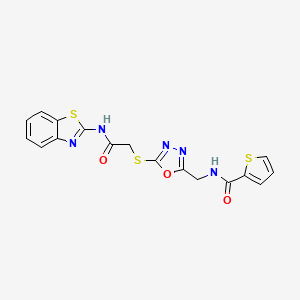 molecular formula C17H13N5O3S3 B2652960 N-((5-((2-(苯并[d]噻唑-2-ylamino)-2-氧代乙基)硫代)-1,3,4-恶二唑-2-基)甲基)噻吩-2-甲酰胺 CAS No. 851861-69-3