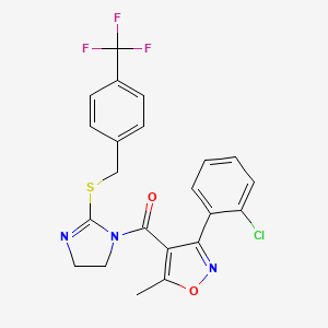 molecular formula C22H17ClF3N3O2S B2652990 (3-(2-chlorophenyl)-5-methylisoxazol-4-yl)(2-((4-(trifluoromethyl)benzyl)thio)-4,5-dihydro-1H-imidazol-1-yl)methanone CAS No. 919712-56-4