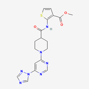molecular formula C18H19N7O3S B2653001 methyl 2-(1-(6-(1H-1,2,4-triazol-1-yl)pyrimidin-4-yl)piperidine-4-carboxamido)thiophene-3-carboxylate CAS No. 1797160-74-7