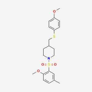 molecular formula C21H27NO4S2 B2653008 1-((2-Methoxy-5-methylphenyl)sulfonyl)-4-(((4-methoxyphenyl)thio)methyl)piperidine CAS No. 1421462-98-7